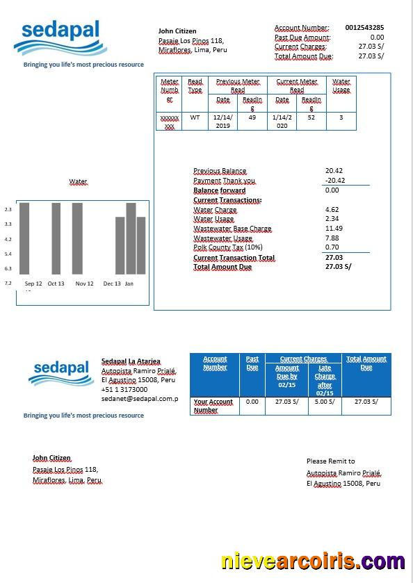 Peru Sedapal La Atarjea water utility bill